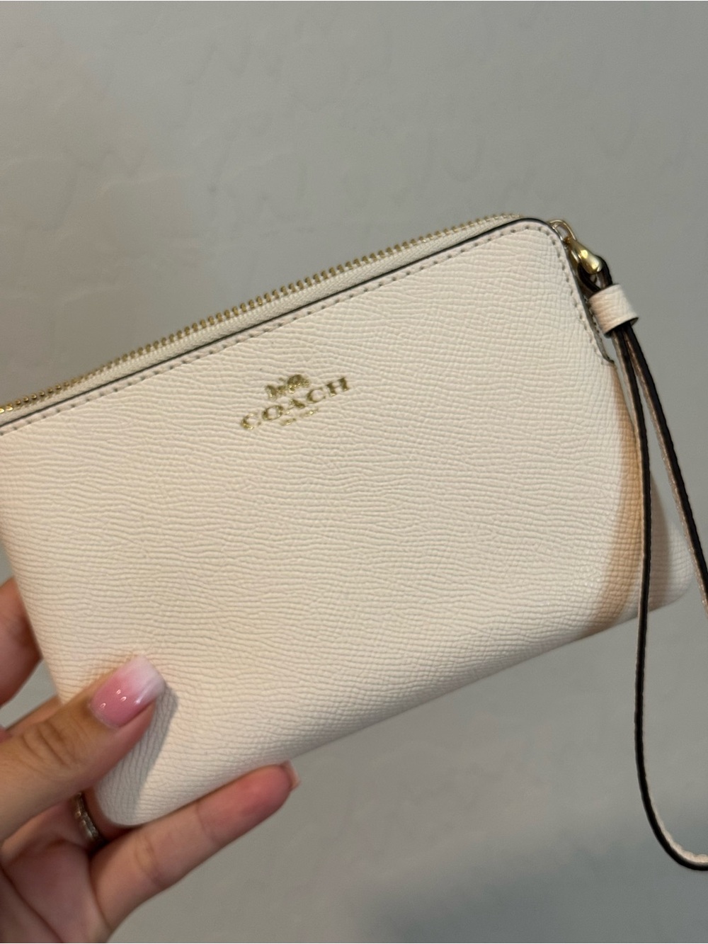 COACH Pebbled Leather Wristlet in Chalk White with Gold Hardware
